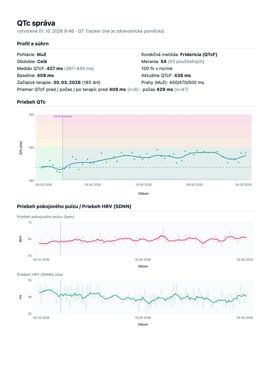 Ukážková lekárska správa z QTc Tracker, strana 1