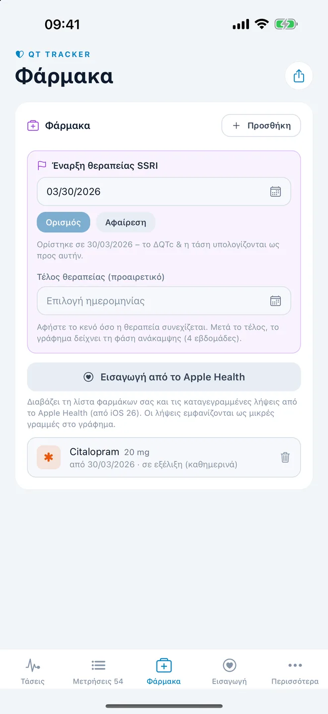 QTc Tracker: έναρξη θεραπείας και φάρμακα