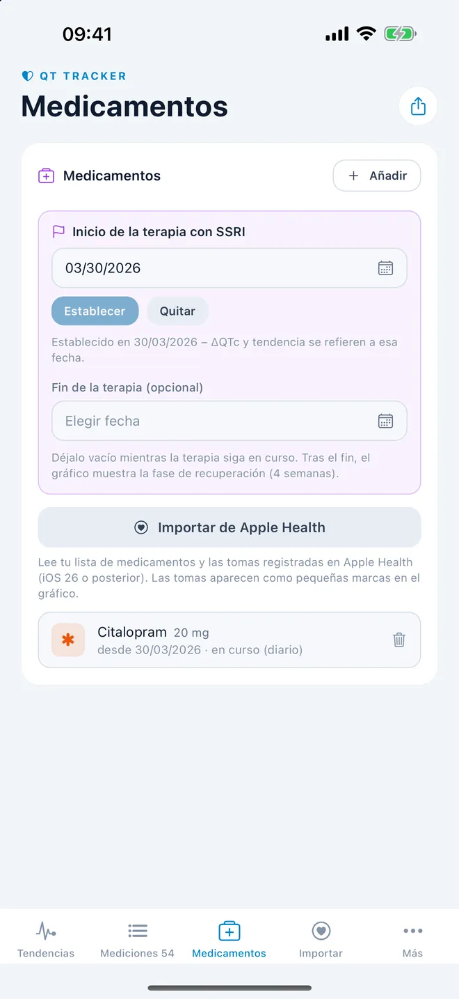 QTc Tracker: inicio de la terapia y medicamentos