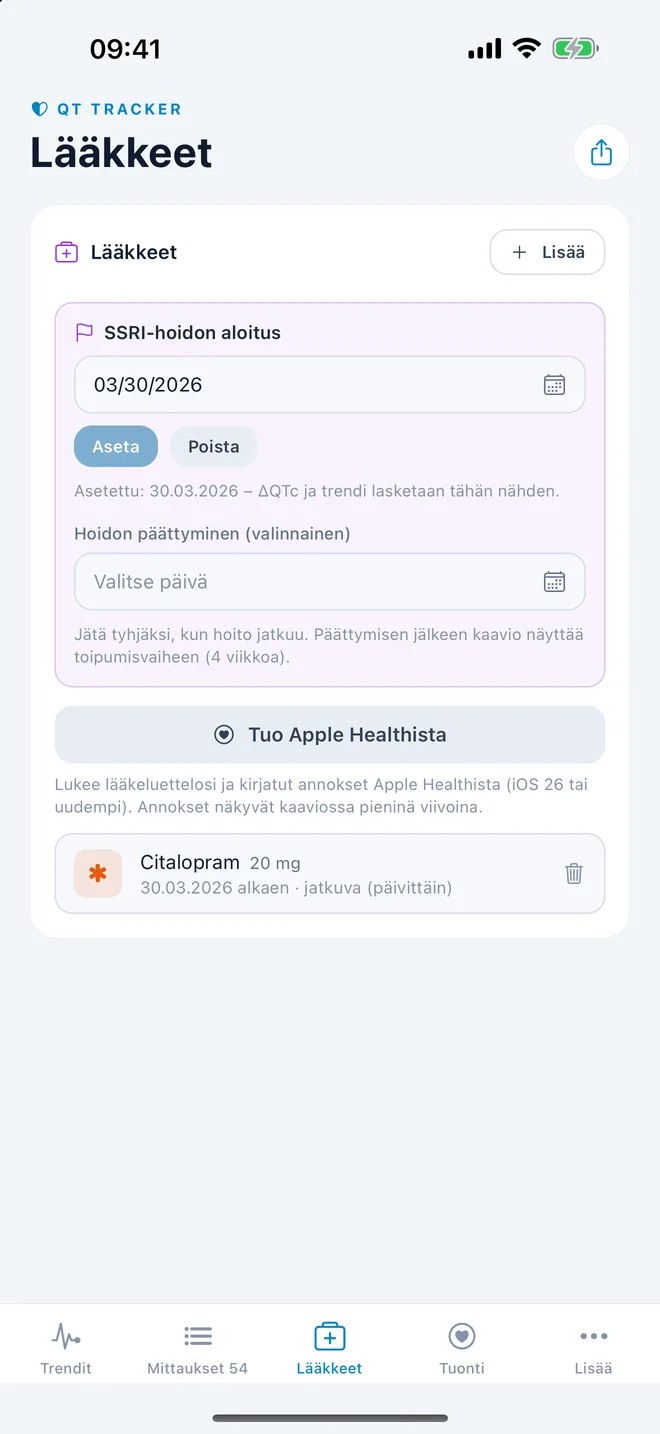 QTc Tracker: hoidon aloitus ja lääkkeet