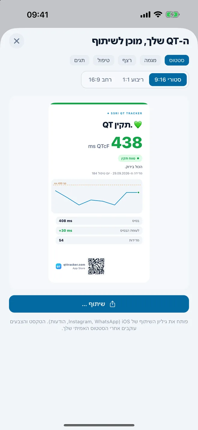 QTc Tracker: כרטיס שיתוף עם סטטוס QTc