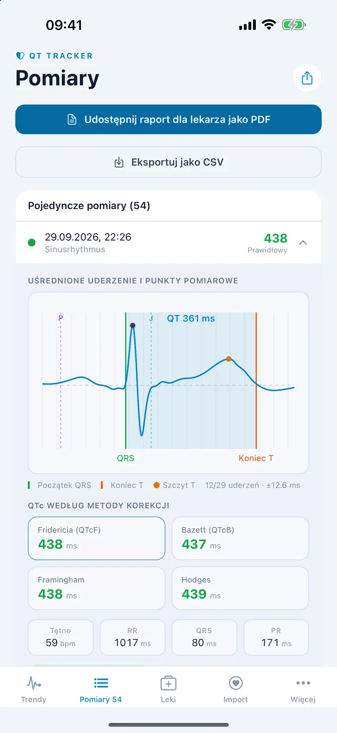 QTc Tracker: uśrednione uderzenie EKG z punktami pomiaru QT