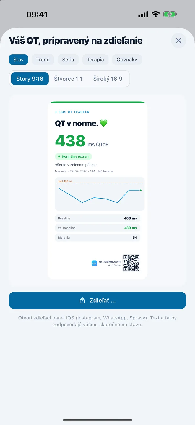 QTc Tracker: karta na zdieľanie so stavom QTc