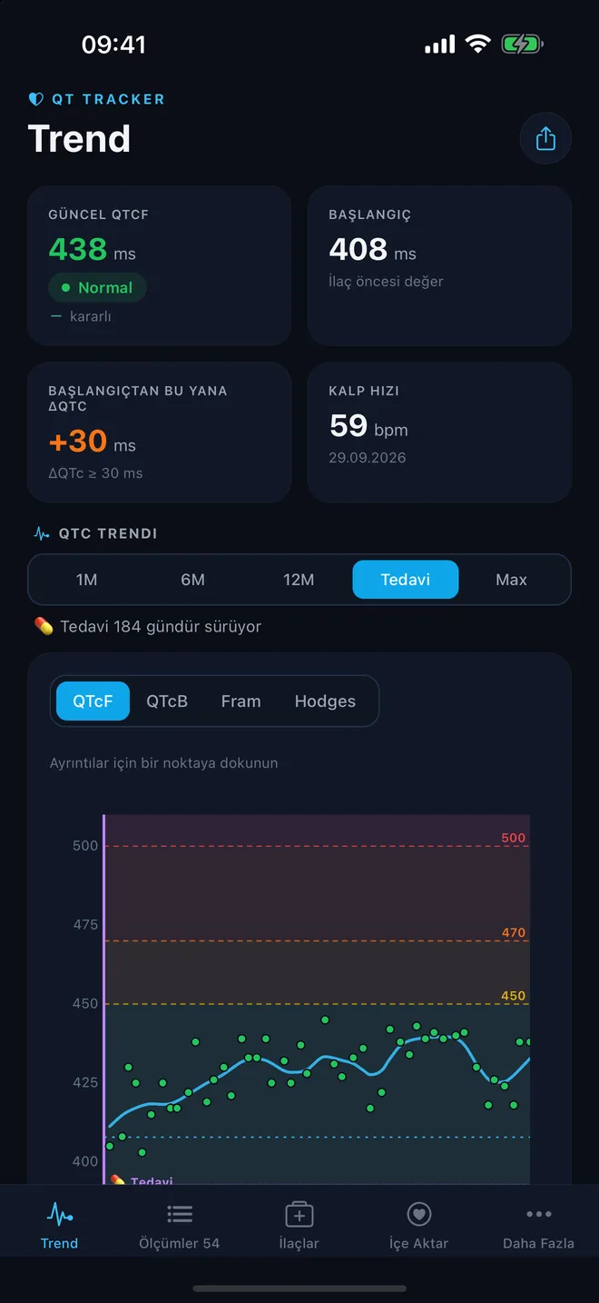 QTc Tracker: koyu görünümde seyir
