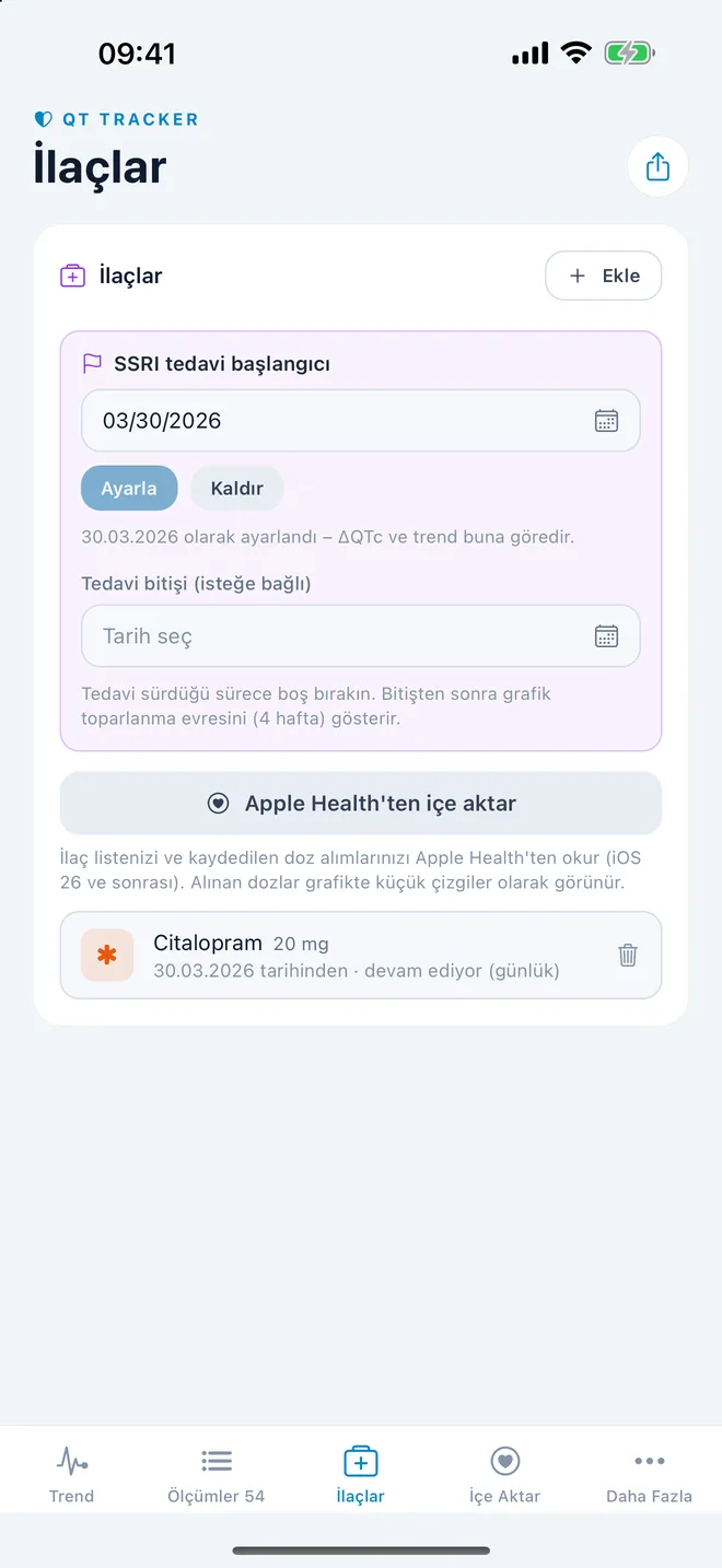 QTc Tracker: tedavi başlangıcı ve ilaçlar