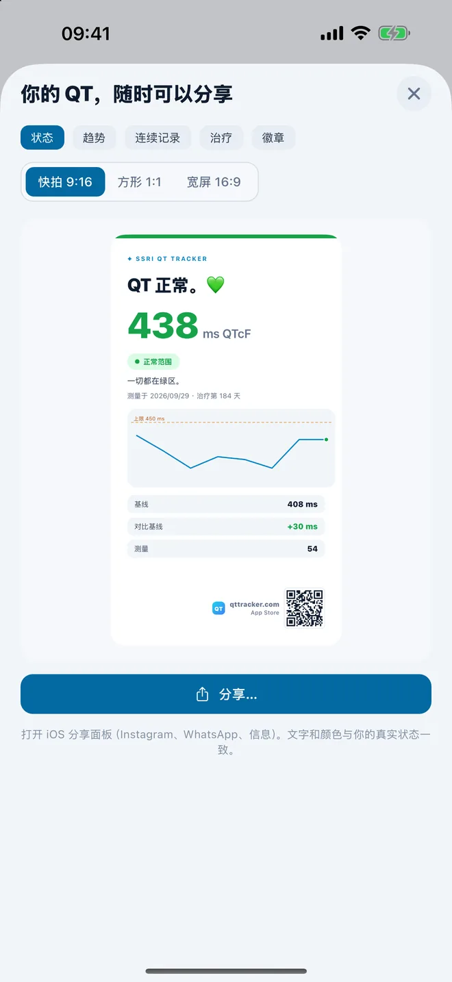 QTc Tracker：显示 QTc 状态的分享卡片